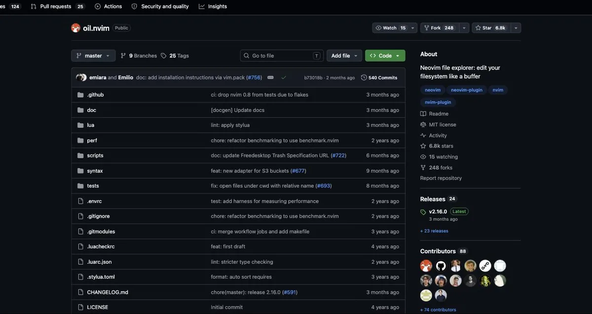 oil.nvimのGitHubリポジトリ。Neovim file explorer: edit your filesystem like a bufferという説明と、6.8kのスター、直近のコミットが2か月前であることが表示されている