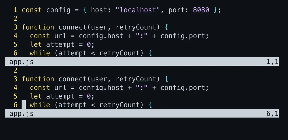 splitで上下に分割した画面。同じapp.jsが2つのウインドウに表示され、それぞれにステータス行が出ている