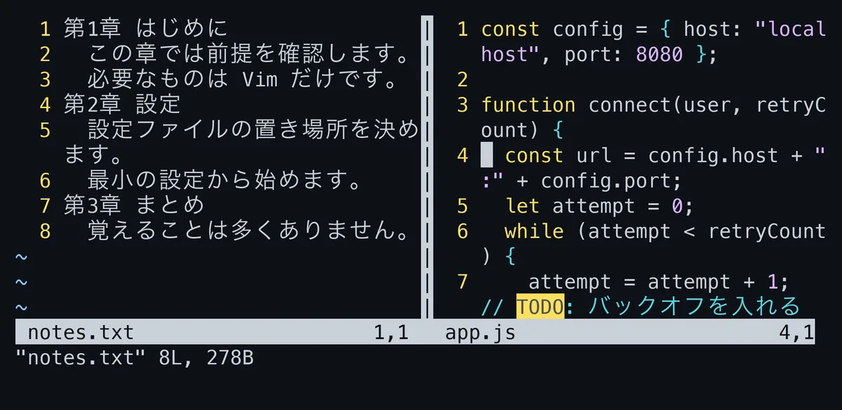 vsplitで左右に分割した画面。左にapp.js、右にnotes.txtが表示され、カーソルのある右側のステータス行が明るく反転している