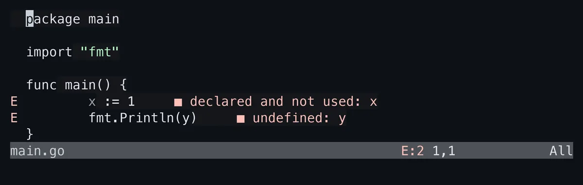 virtual_textを有効にした画面。6行目の行末にdeclared and not used: x、7行目の行末にundefined: yというエラーの文面が四角の記号に続いて表示されている