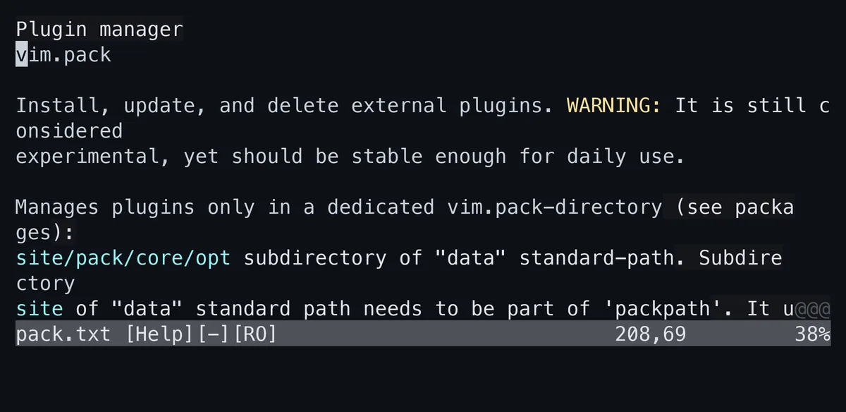 Neovimでhelp vim.packを開いた画面。vim.pack.addやvim.pack.updateといった関数の説明がタグ付きで並んでいる