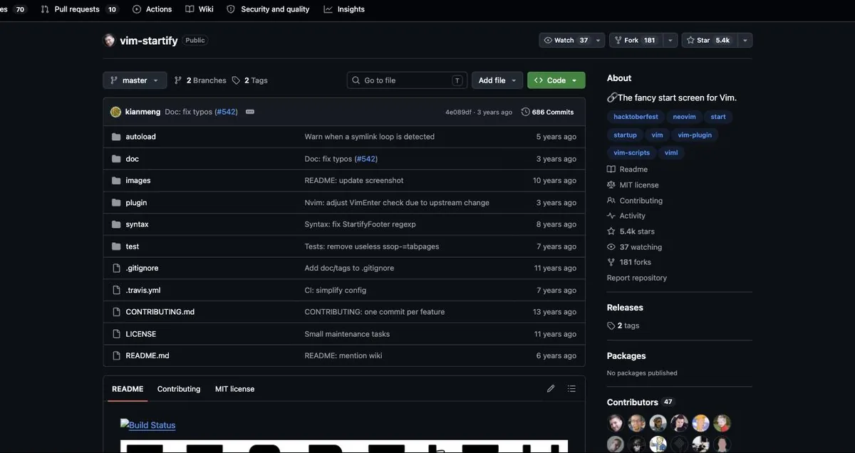 vim-startifyのGitHubリポジトリ。The fancy start screen for Vim.という説明と、5.4kのスター、最終コミットが3年前であることが表示されている