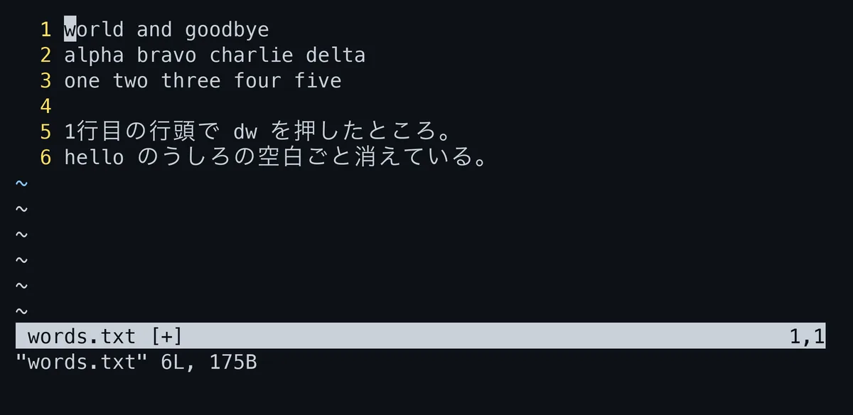 hello world and goodbyeの行頭でdwを実行した直後の画面。helloとその後ろの空白が消えてworld and goodbyeだけが残っている