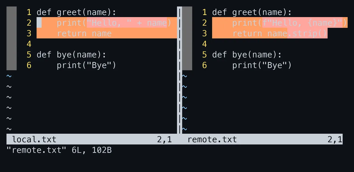 vimdiffで2つのPythonファイルを左右に並べた画面。2行目と3行目に差分があり、変わった部分だけが濃い色で示されている