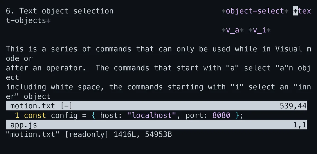 helpでtext-objectsを開いた画面。上半分にヘルプが表示され、アスタリスクで囲まれたタグや縦棒で囲まれたリンクが色付きで並んでいる