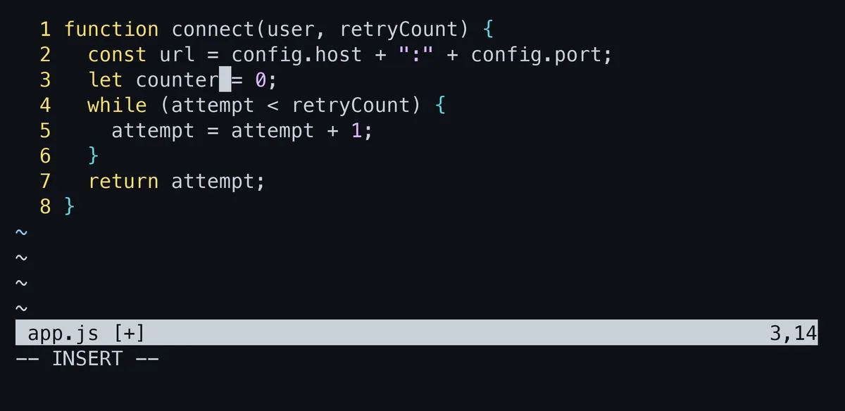 単語attemptの途中にカーソルを置いてciwを実行し、counterと打ち込んだ直後の画面。挿入モードに入っており、ステータス行の下に-- INSERT --が出ている