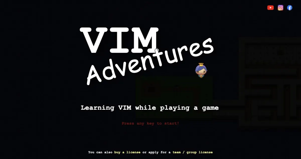 VIM Adventuresのタイトル画面。ドット絵のマップとキャラクターが表示されている