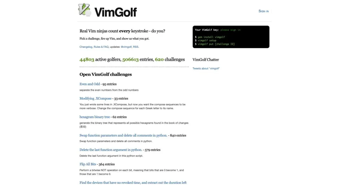 VimGolfの画面。出題されている課題が一覧で並び、それぞれの投稿数が表示されている