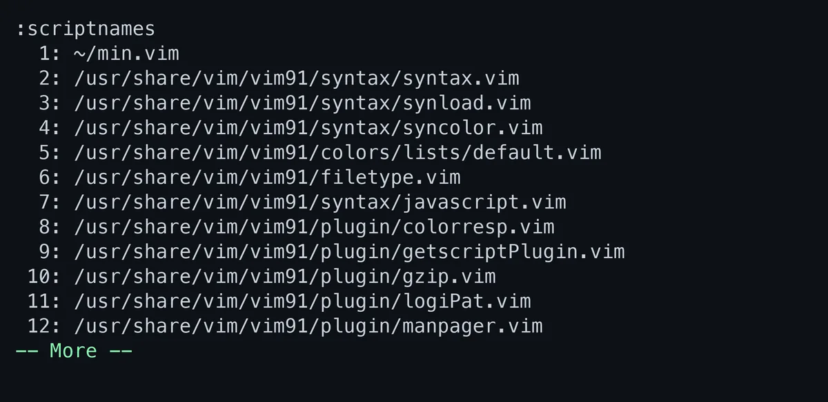 scriptnamesを実行した画面。読み込まれた設定ファイルとVim同梱のスクリプトが番号付きで順に並んでいる