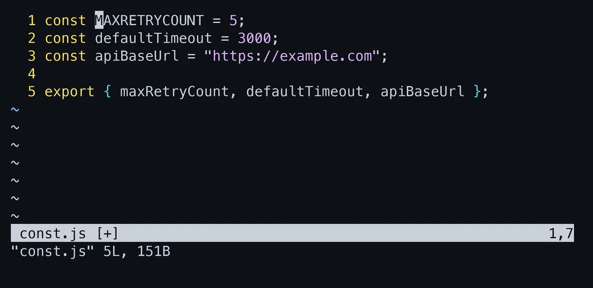 変数名maxRetryCountの上でgUiwを実行した直後の画面。その単語だけが大文字に変わっている