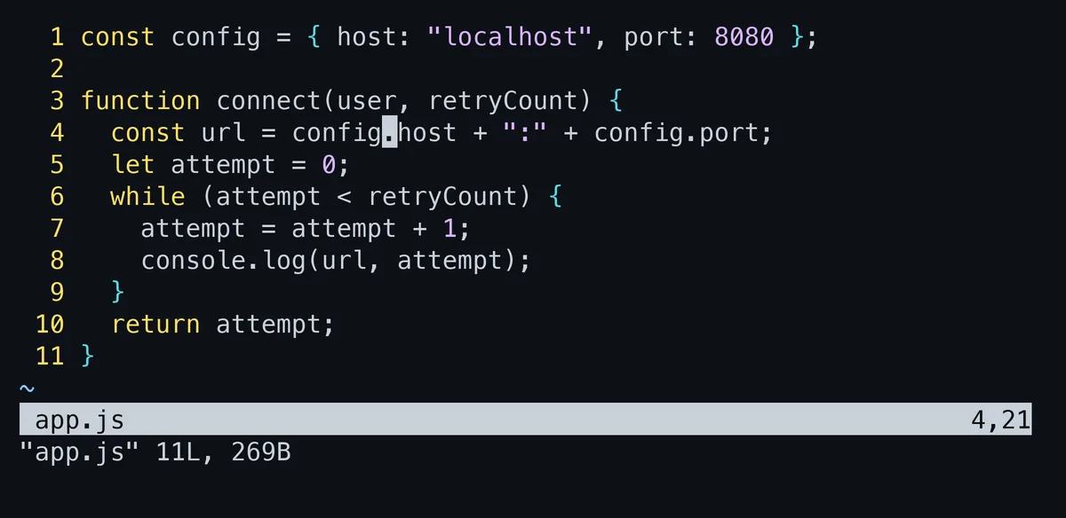 Vimでapp.jsを開き、4行目でwを5回押したあとの画面。カーソルはconfig.hostの直後のプラス記号にあり、ステータス行の右端に4,32と桁位置が出ている