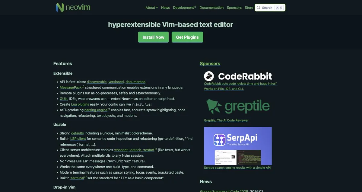 Neovim公式サイトのトップページ。上部に「hyperextensible Vim-based text editor」という一文とInstall Now・Get Pluginsのボタンが並び、その下にFeaturesの箇条書きと右列にスポンサー一覧が表示されている