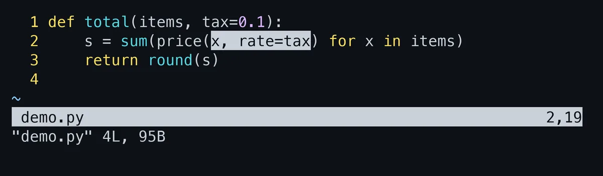 Vim 9.1でpackadd hlyankを読み込み、2行目のprice(の中でyi(を押した直後の画面。括弧の中のx, rate=taxだけがIncSearchの色で塗られている